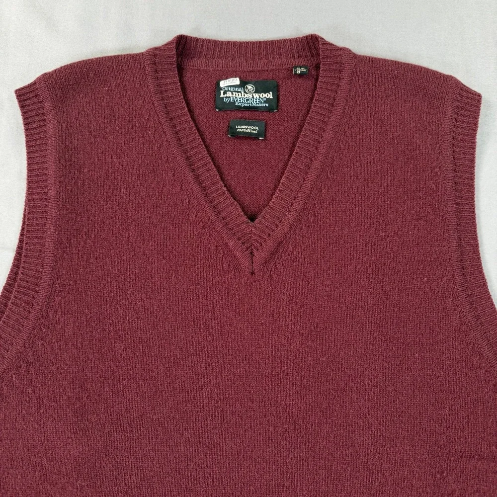 Evergreen ExpertWares Mens M 100% Lambswool Sweater Vest Burgundy V-Neck